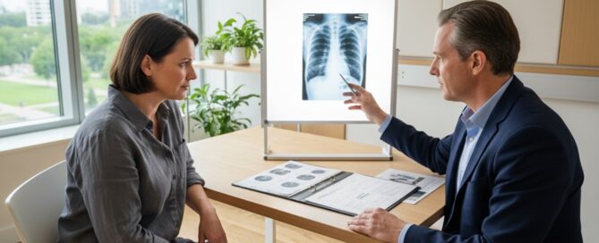 Two people seated at a desk discussing a chest X-ray and documents.