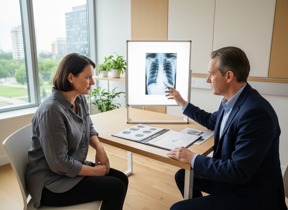 Two people seated at a desk discussing a chest X-ray and documents.