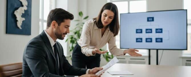 Two business professionals reviewing documents beside a screen showing an organisational chart.