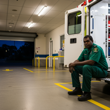 Firefly_Imagen_A 38-year-old Australian male paramedic of Aboriginal appearance sits alone in the am 882168