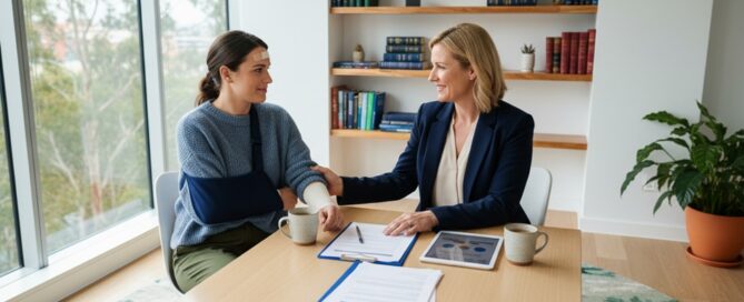 Two people discussing documents at a table in a bright office.