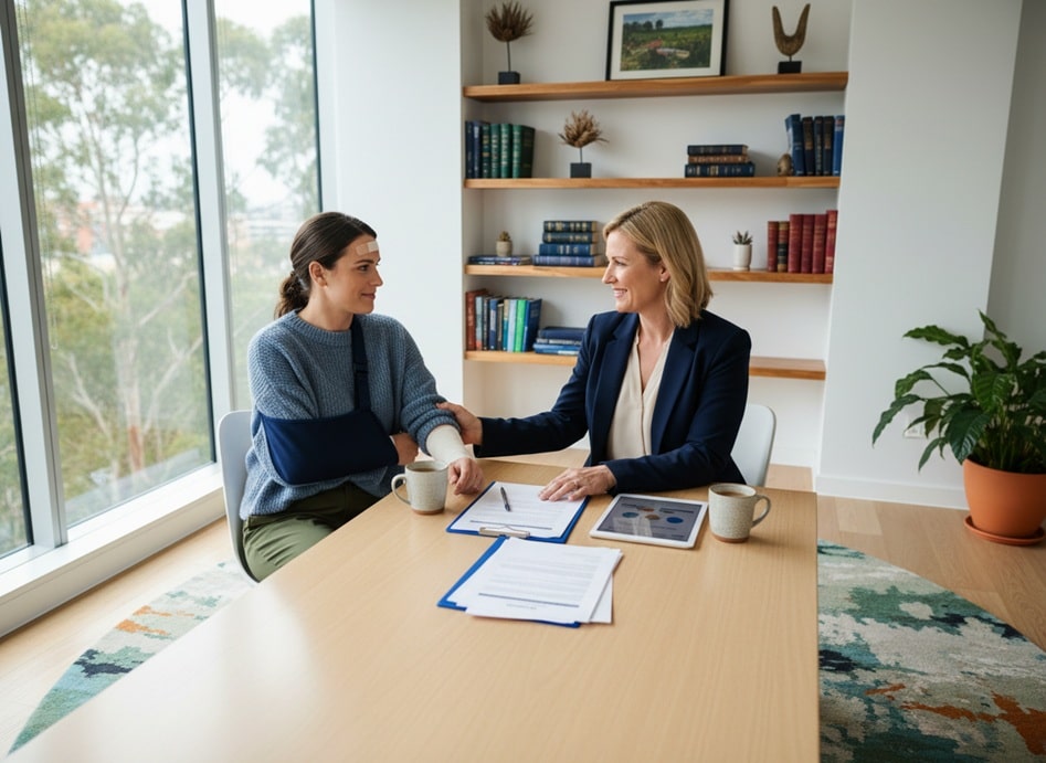 Two people discussing documents at a table in a bright office.