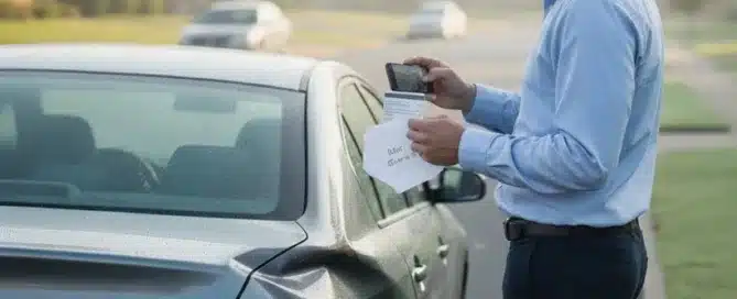 Man taking a smartphone photo of rear-end damage to a car while holding an information slip.