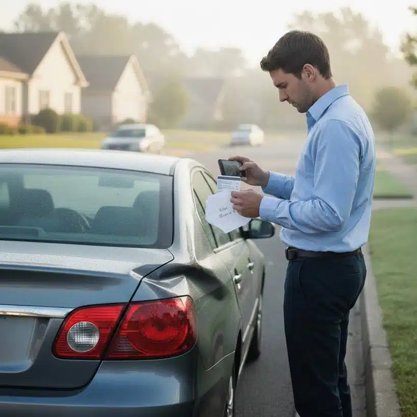 Man taking a smartphone photo of rear-end damage to a car while holding an information slip.