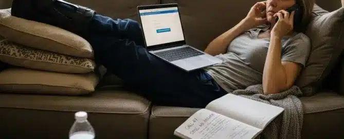 Woman with her leg in a walking boot resting on a couch while working on a laptop and talking on the phone.