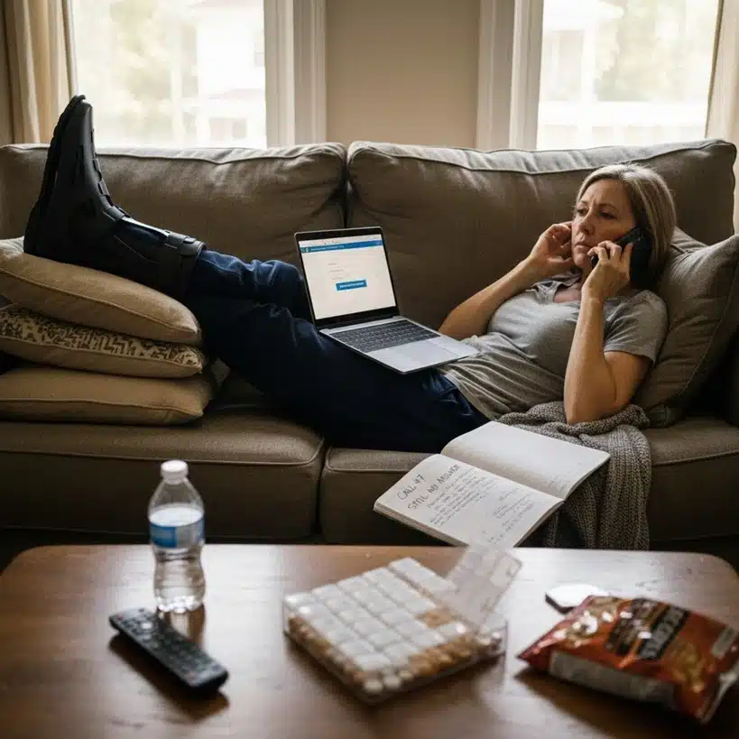 Woman with her leg in a walking boot resting on a couch while working on a laptop and talking on the phone.