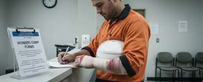 A worker in a high-visibility shirt with a heavily bandaged, bloody forearm fills out paperwork at a desk with a "WORKERS COMP FORMS" sign.