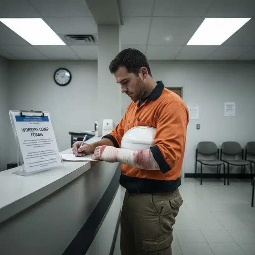 A worker in a high-visibility shirt with a heavily bandaged, bloody forearm fills out paperwork at a desk with a "WORKERS COMP FORMS" sign.