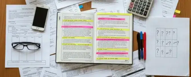 An overhead view of a wooden desk cluttered with scattered documents, a calculator, a smartphone, a coffee cup, and an open notebook with highlighted text.