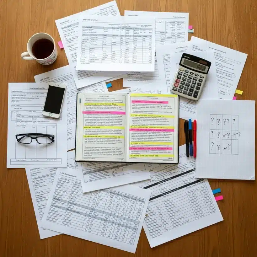 An overhead view of a wooden desk cluttered with scattered documents, a calculator, a smartphone, a coffee cup, and an open notebook with highlighted text.