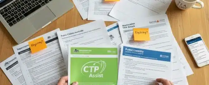 An overhead view of a person's hands holding a green "CTP Assist" booklet over a desk covered in various insurance claim forms marked with sticky notes, alongside a laptop.