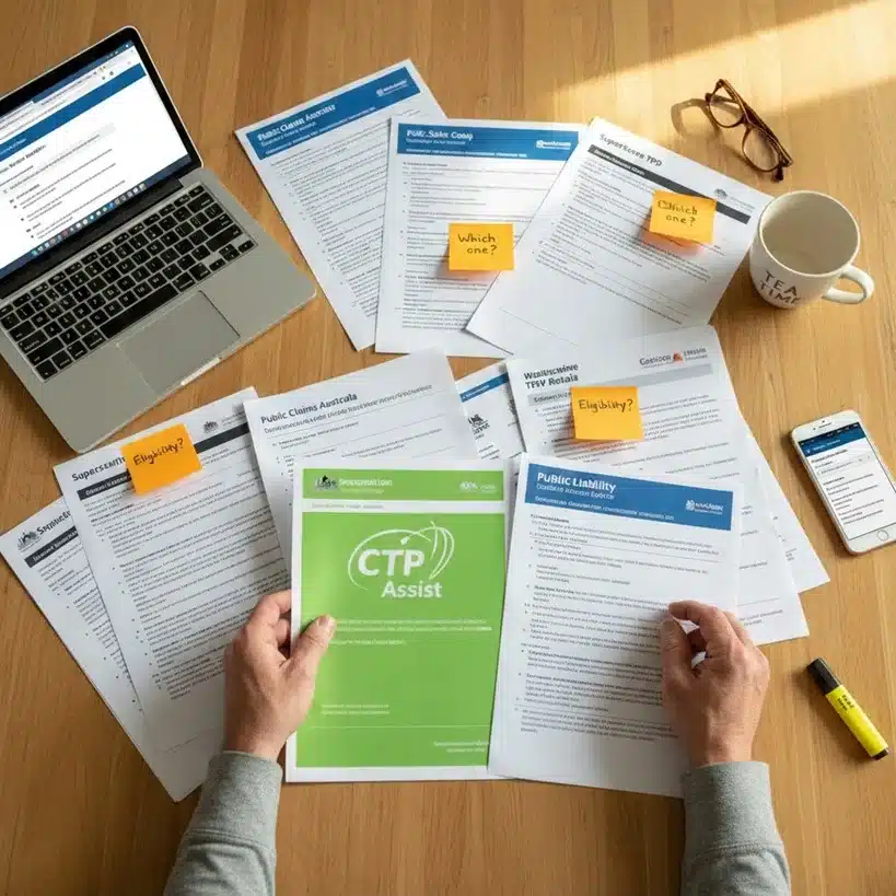 An overhead view of a person's hands holding a green "CTP Assist" booklet over a desk covered in various insurance claim forms marked with sticky notes, alongside a laptop.