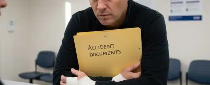 A man with a bandaged wrist leans on a counter holding a yellow "ACCIDENT DOCUMENTS" folder while reviewing a color-coded form with a clerk.