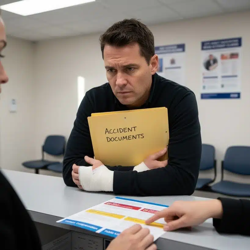 A man with a bandaged wrist leans on a counter holding a yellow "ACCIDENT DOCUMENTS" folder while reviewing a color-coded form with a clerk.