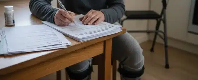 A woman wearing a medical walking boot sits at a kitchen table filling out a stack of paperwork, with a walker visible in the background.