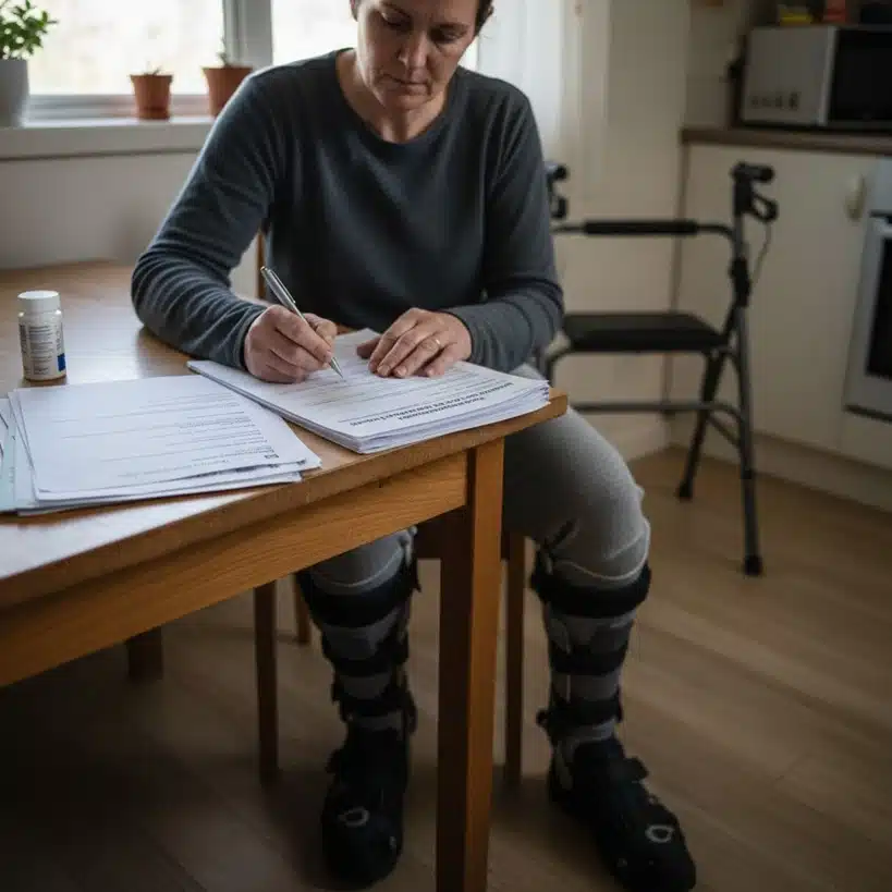 A woman wearing a medical walking boot sits at a kitchen table filling out a stack of paperwork, with a walker visible in the background.