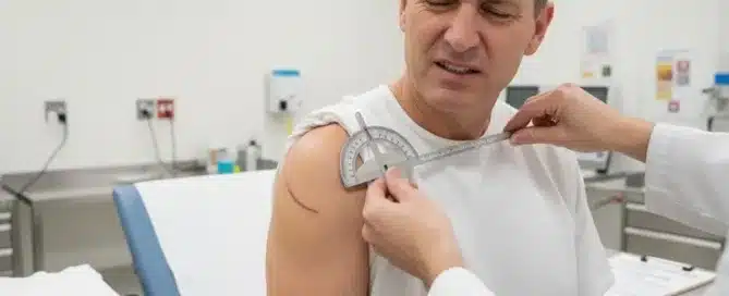 A medical professional uses a goniometer to measure the shoulder mobility of a wincing male patient who has a visible scar on his arm.