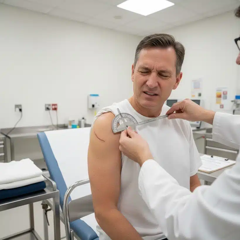 A medical professional uses a goniometer to measure the shoulder mobility of a wincing male patient who has a visible scar on his arm.