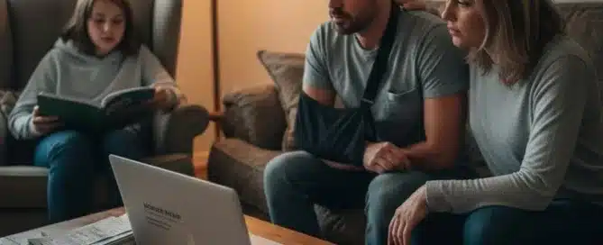 A concerned couple, the man wearing a black arm sling, reviews financial documents and a laptop in a dimly lit living room while a child reads in the background.