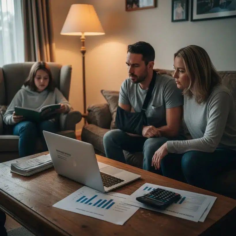 A concerned couple, the man wearing a black arm sling, reviews financial documents and a laptop in a dimly lit living room while a child reads in the background.
