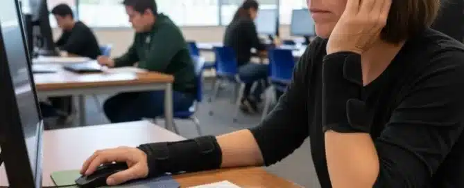 A stressed woman wearing a black wrist brace uses a computer mouse at a desk in a shared computer room or office.