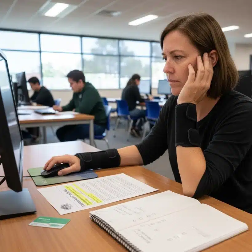 A stressed woman wearing a black wrist brace uses a computer mouse at a desk in a shared computer room or office.