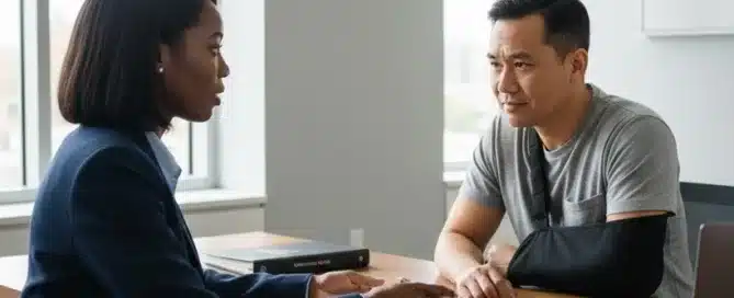 A man wearing a black arm sling has a serious consultation with a female professional in a blue suit across an office desk.