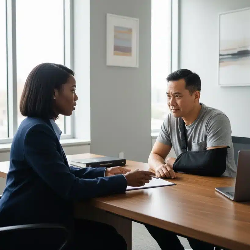 A man wearing a black arm sling has a serious consultation with a female professional in a blue suit across an office desk.