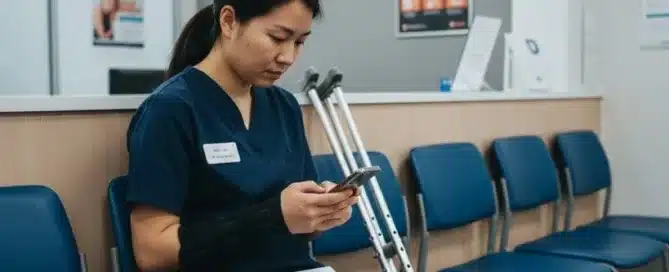 A woman in scrubs wearing a wrist brace sits in a waiting room chair using her smartphone, with paperwork and crutches resting across her lap.