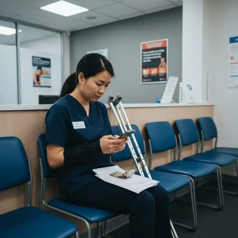 A woman in scrubs wearing a wrist brace sits in a waiting room chair using her smartphone, with paperwork and crutches resting across her lap.
