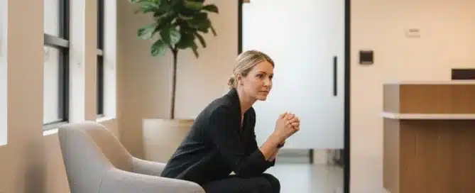 A businesswoman in a black suit sitting thoughtfully in a modern office waiting area.