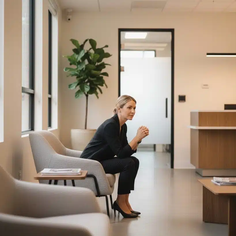 A businesswoman in a black suit sitting thoughtfully in a modern office waiting area.