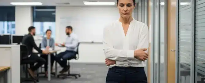 A serious-looking woman standing with her arms crossed in a corporate office, with colleagues in the blurred background.