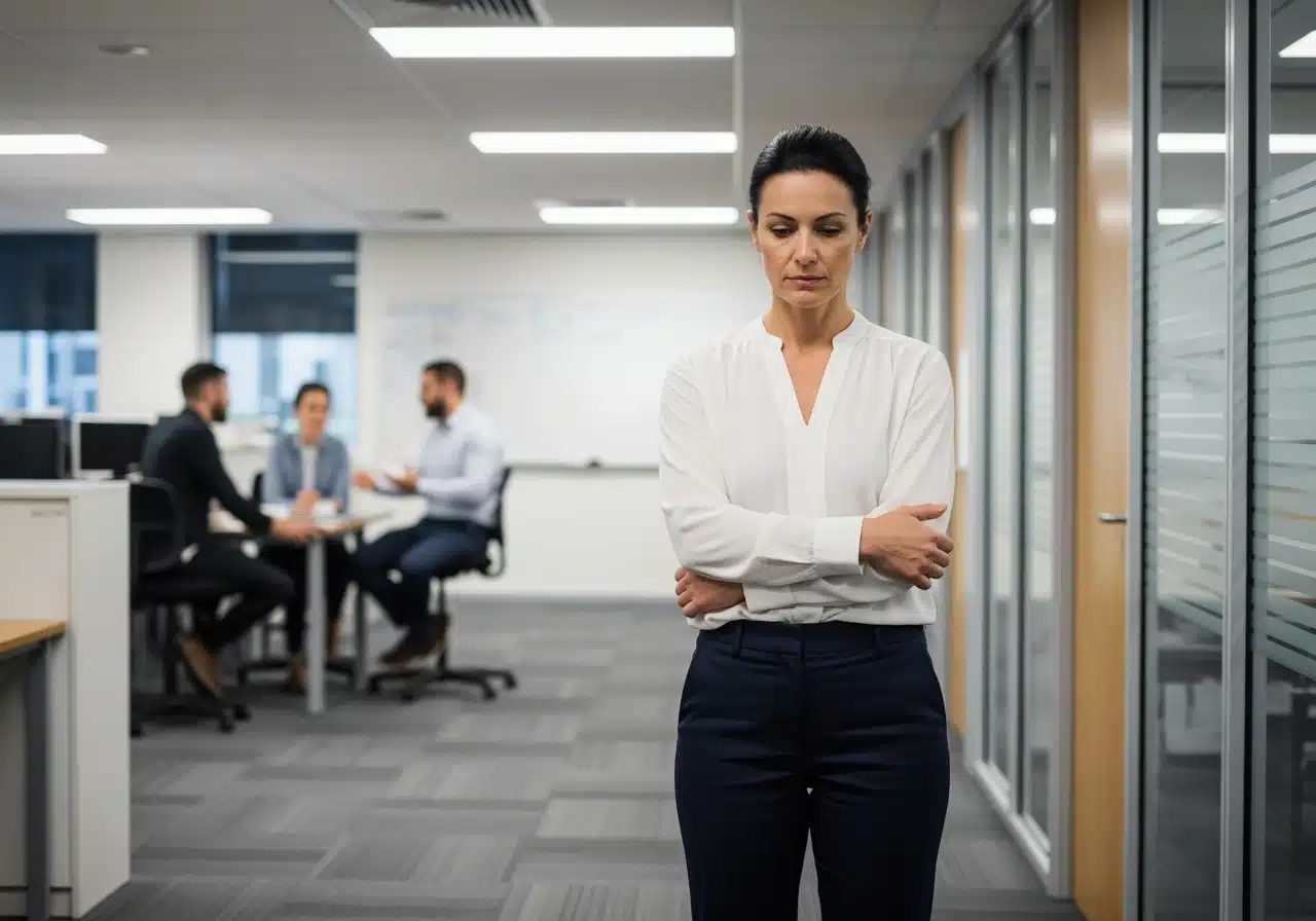 A serious-looking woman standing with her arms crossed in a corporate office, with colleagues in the blurred background.