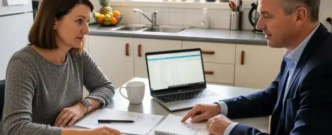 A professional man in a suit explaining paperwork to a woman sitting across from him at a kitchen table.