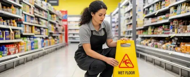 A-28-year-old-Australian-woman-with-dark-curly-hair-crouches-carefully-beside-a-bright wetfloor signage