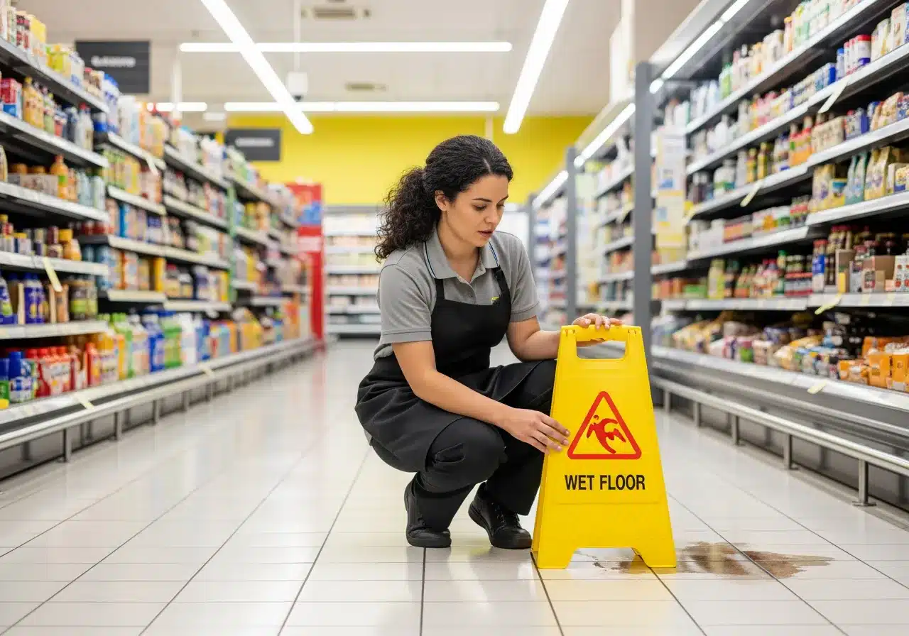 A-28-year-old-Australian-woman-with-dark-curly-hair-crouches-carefully-beside-a-bright wetfloor signage