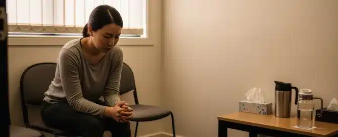 A worried-looking woman sits alone with her hands clasped in a dimly lit waiting room.