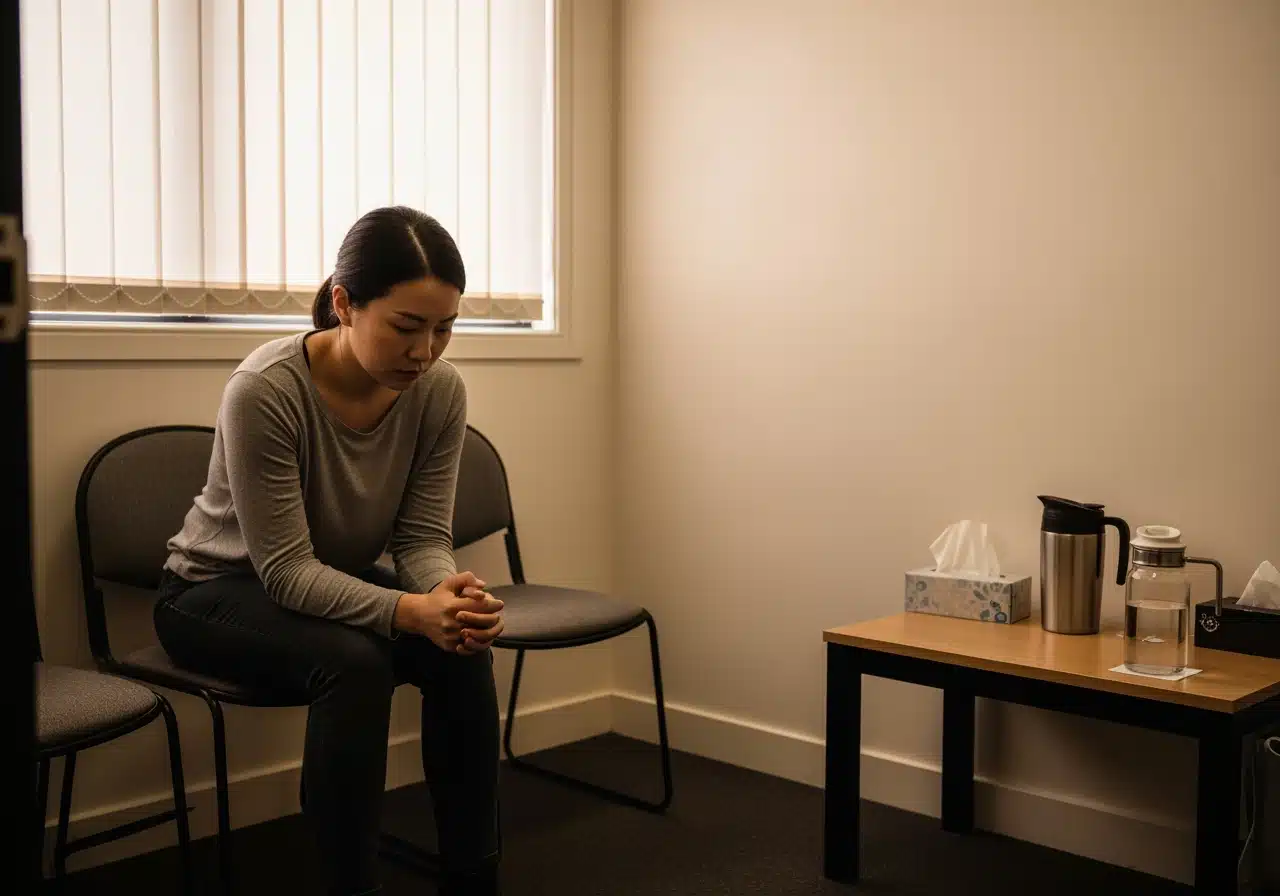 A worried-looking woman sits alone with her hands clasped in a dimly lit waiting room.