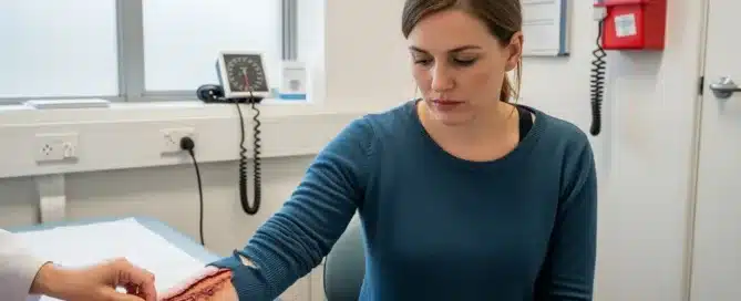 A-34-year-old-Australian-woman-with-light-brown-hair-sits-in-a-plain-GP-consultation