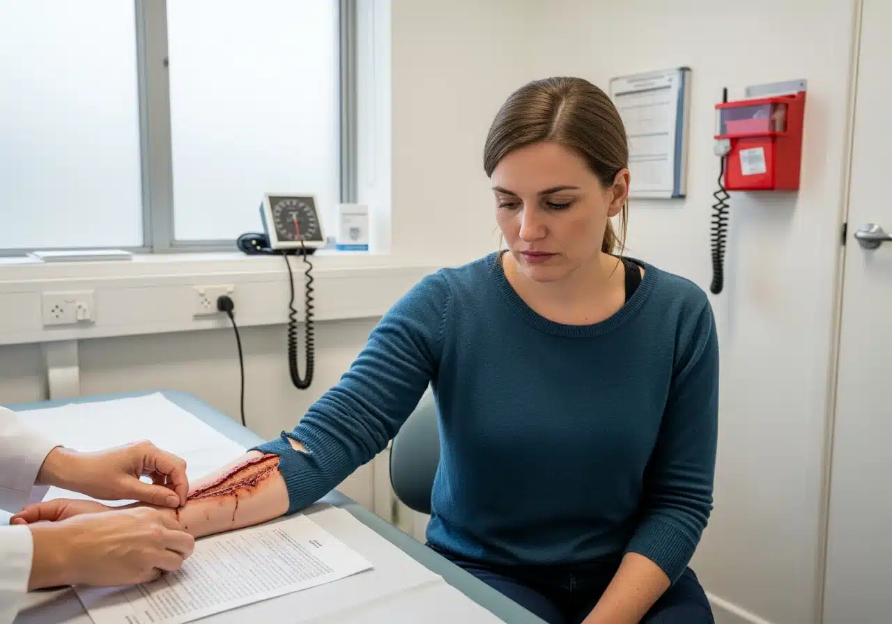 A-34-year-old-Australian-woman-with-light-brown-hair-sits-in-a-plain-GP-consultation