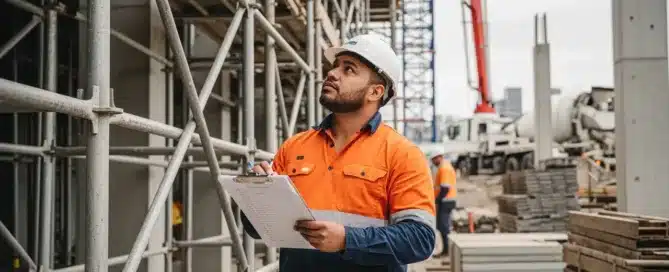 A construction worker in a hard hat and high-visibility shirt looks upward while taking notes on a clipboard at a building site.