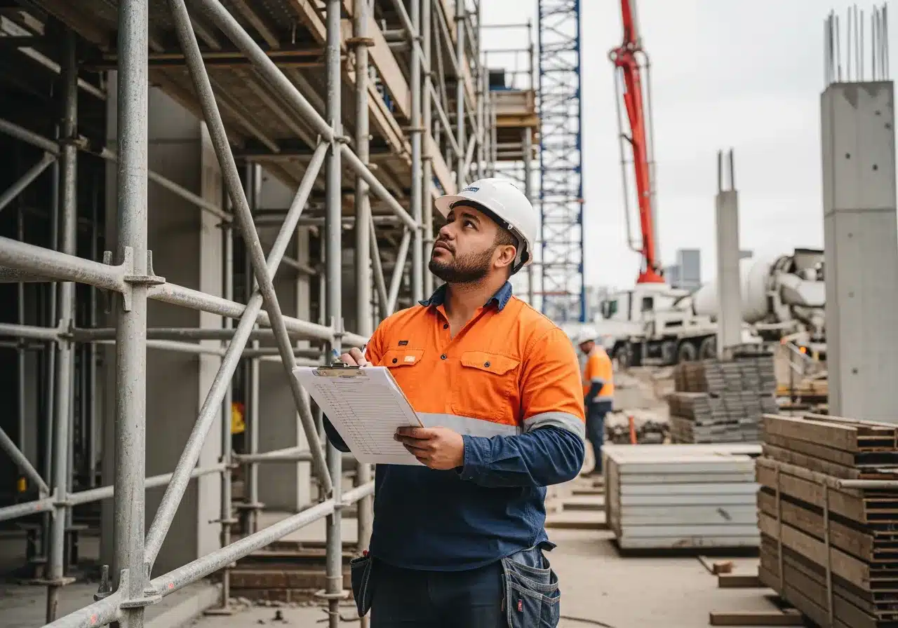 A construction worker in a hard hat and high-visibility shirt looks upward while taking notes on a clipboard at a building site.