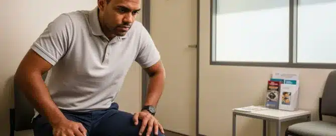 A stressed or anxious man sits hunched forward on a chair in a clinic waiting room.