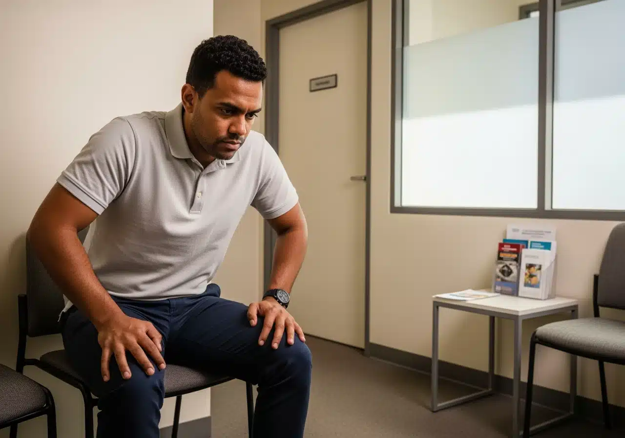 A stressed or anxious man sits hunched forward on a chair in a clinic waiting room.