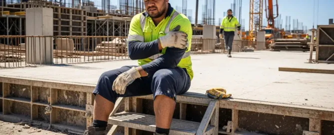 A construction worker sits on a concrete formway at a job site, grimacing in pain as he holds his injured shoulder.