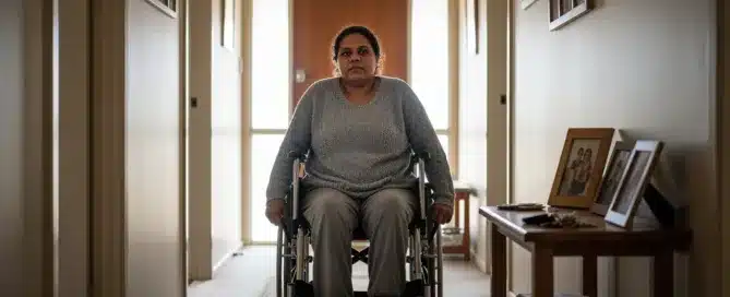 A woman sits in a wheelchair in the middle of a dimly lit residential hallway.