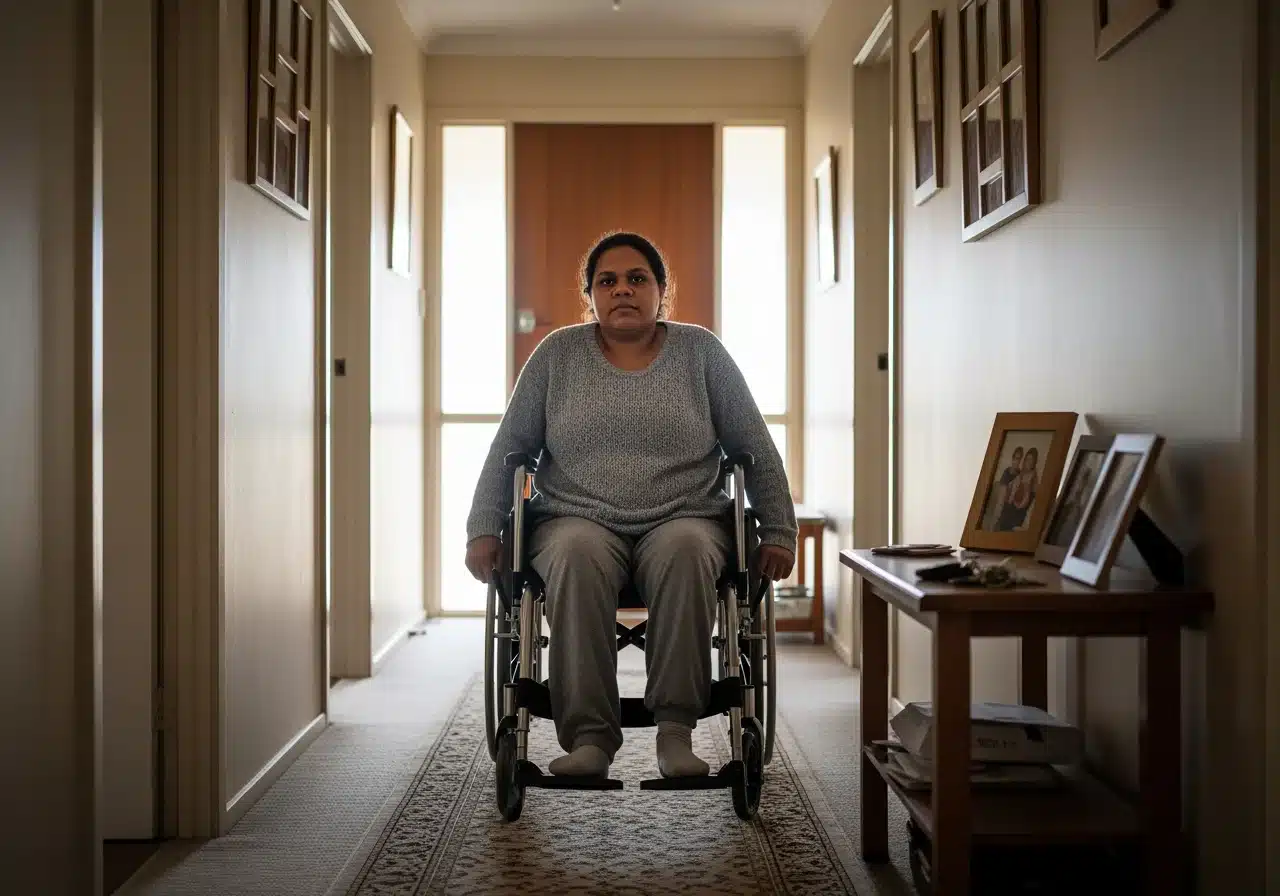 A woman sits in a wheelchair in the middle of a dimly lit residential hallway.