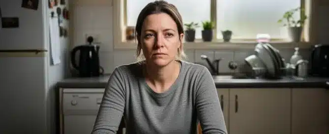 A sad-looking woman sitting alone at a kitchen table holding a coffee mug.