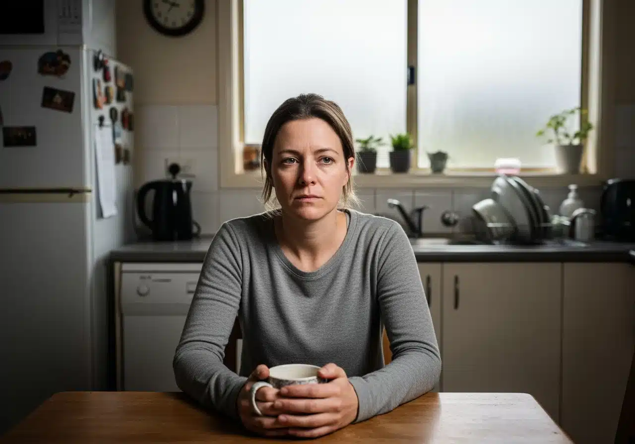 A sad-looking woman sitting alone at a kitchen table holding a coffee mug.